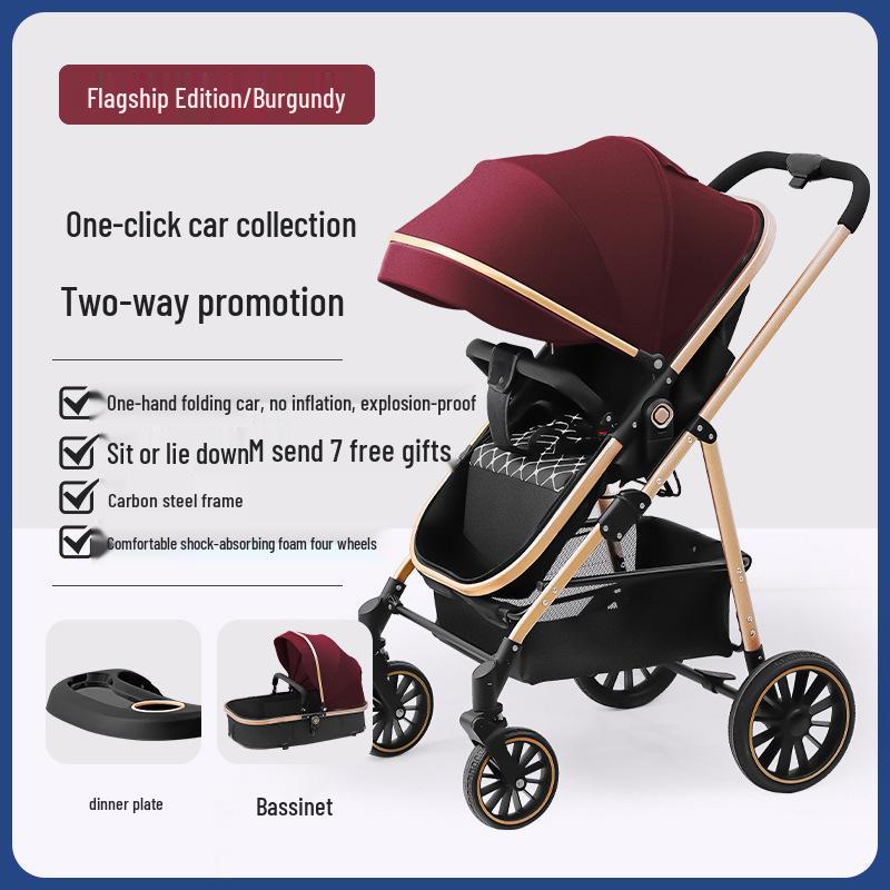 Reversible Baby Stroller with Shock Absorption: Sit & Lie Options, Foldable, High Landscape Design for Newborns.