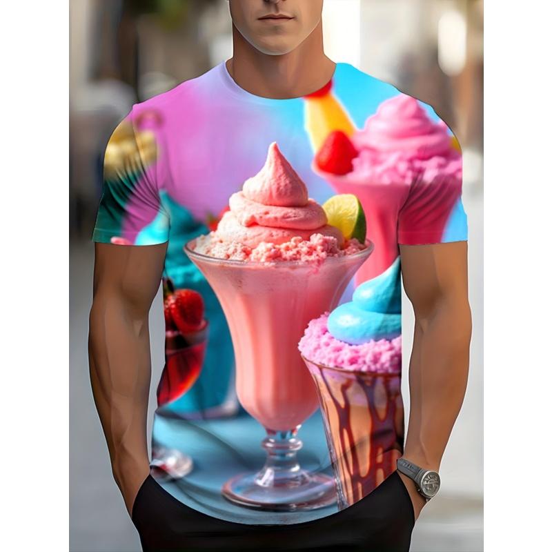 Ice Cream Fruit Biscuit Pattern T-Shirt For Men Ice Dessert 3D Printed Short Sleeve