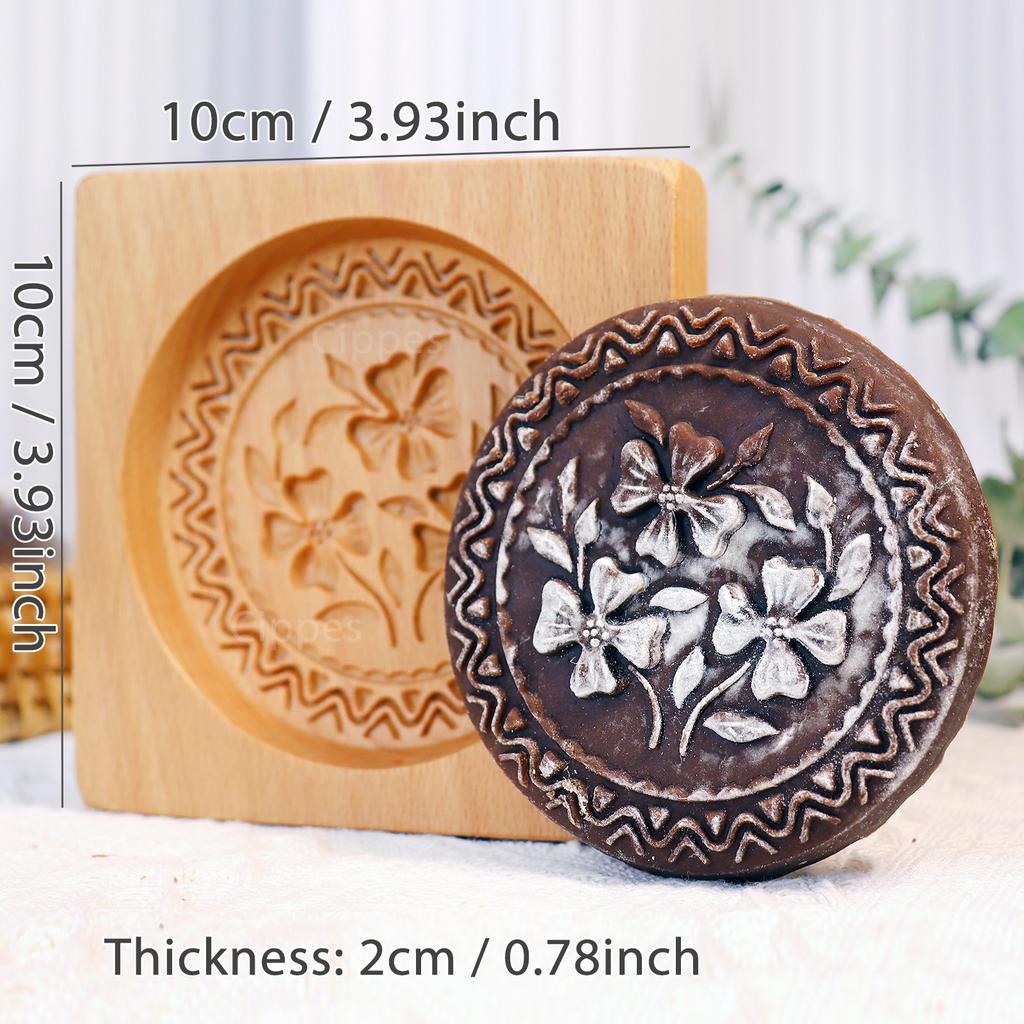 1PC Wood Cookie Molds with Flower Patterns, 3D DIY Carved Embossed Cookie Cutter Moulds for Baking, Fondant Cake Biscuit