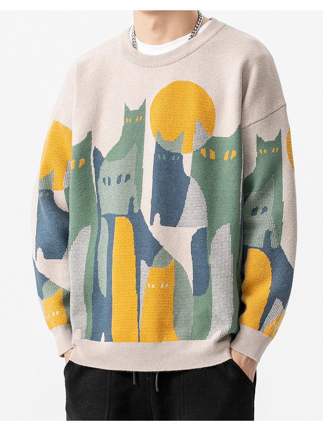 2025 American-Japanese Trendy Cat Pattern Round Neck Men's Sweater - Autumn Loose Fit Knitwear
