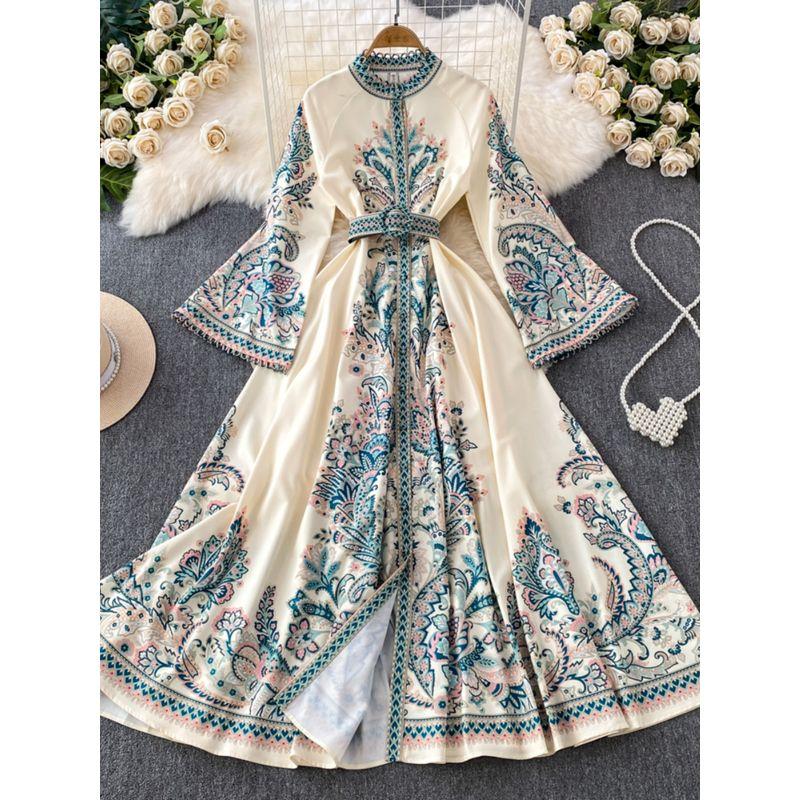Spring Clothing New Arrival Retro Print Stand-up Collar Flared Sleeves Dress Women's Single-Breasted Large Hem Asymmetrical Pleated Long Skirt