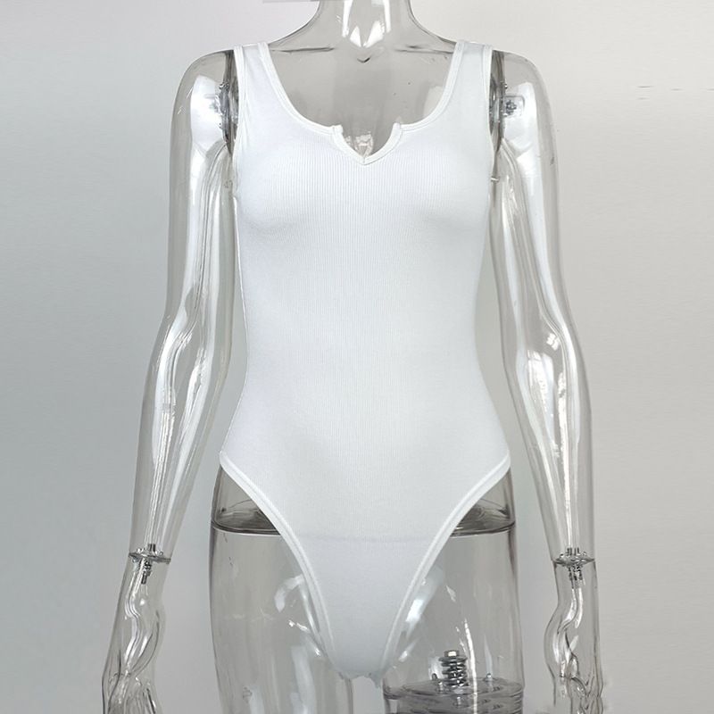 

Outfitgirl Athleisure Elastic Thread One-Piece Vest Silm Small V Neck Jumpsuit Bodysuit White L
