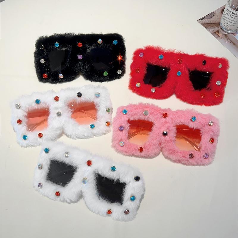 2 Pairs Square Furry Sunglasses with Rhinestones Women Fashion Oversized Winter Shades Trendy Chic Original Handmade Sun Glasses