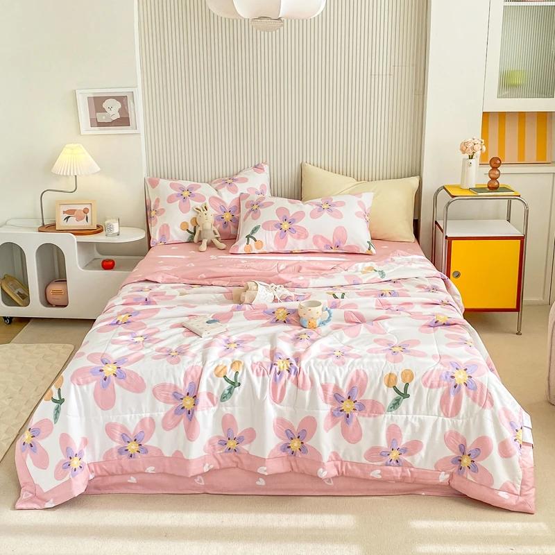 Fresh Floral Quilt 100% Cotton Flowers Print Air Conditioning Quilted Quilt Soft Breathable Lightweight Multifunction Blanket