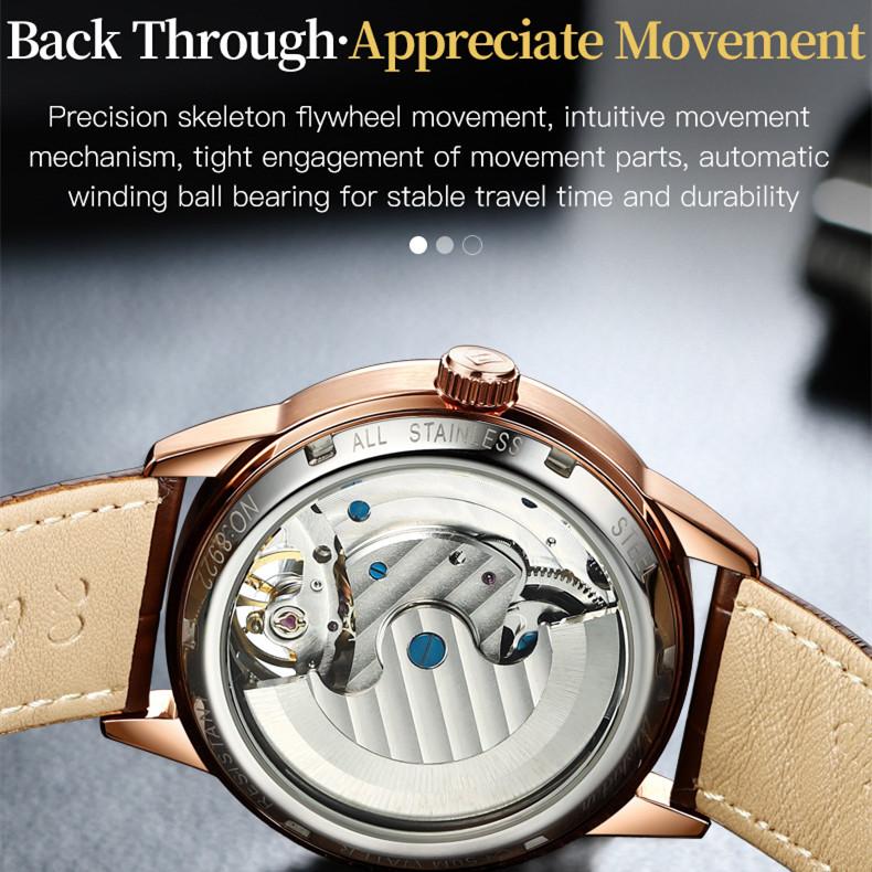 JINSHIDUN Yeni İş ve eğlence erkek saati Moda Hollow Ay Fazı Su geçirmez Aydınlık Mekanik Saat High-end erkek saati