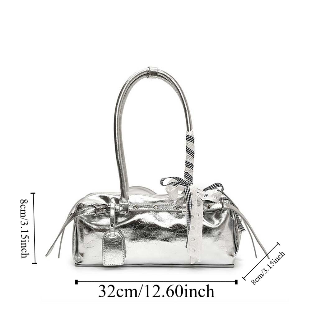 Bow Ribbon Silver PU Shoulder Bag High Quality Cylinder Underarm Bags French Stick Handbag School