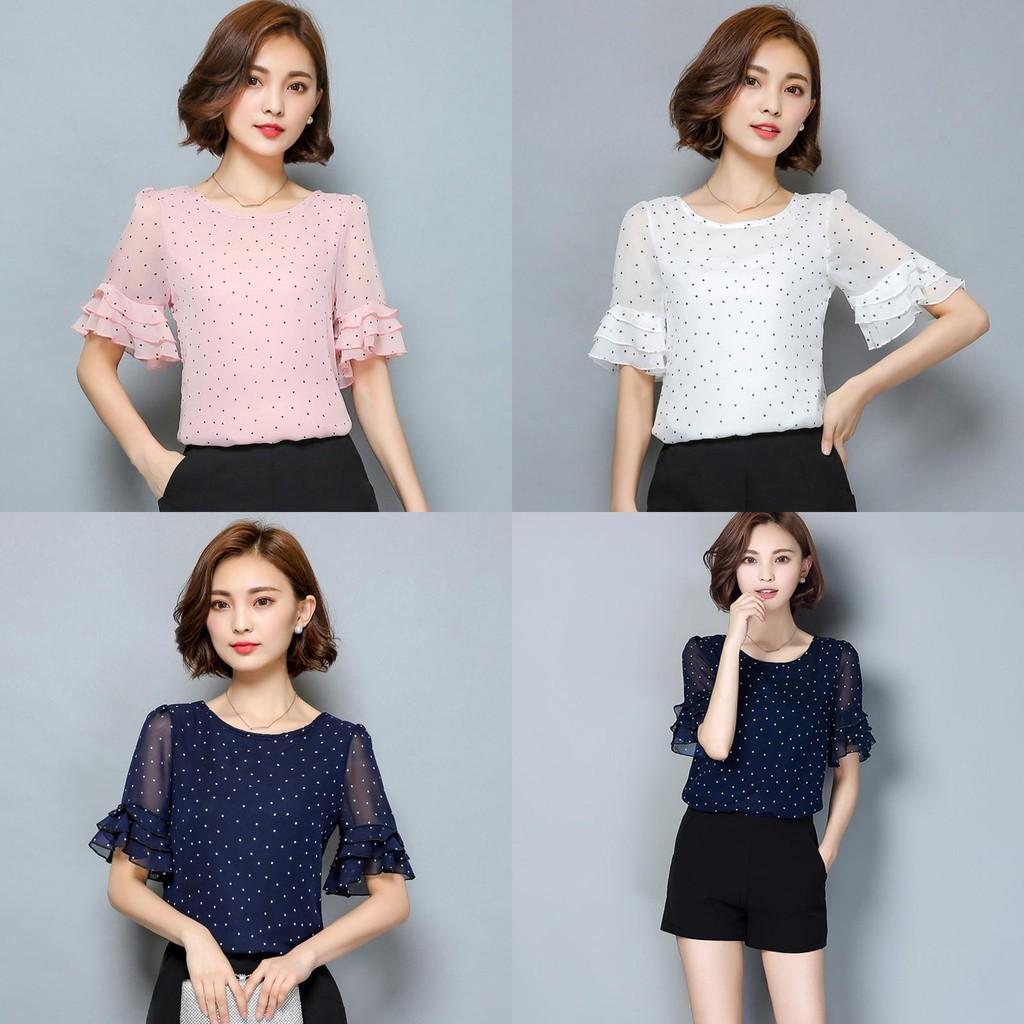Summer Women Polka Dot Print Short Trumpet Sleeve Tops Stylish Casual Shirt
