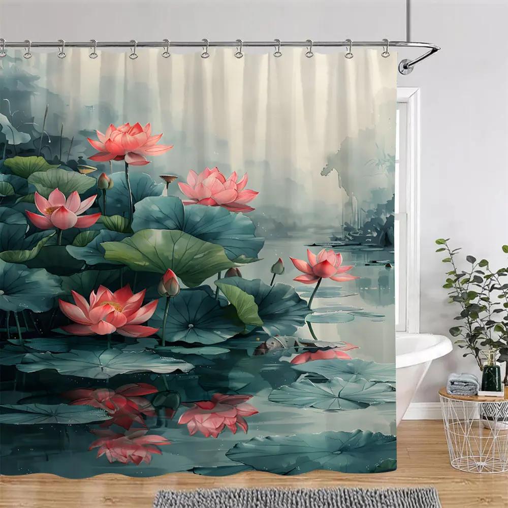 Lotus Flowers Shower Curtain Green Leaves Plant White Floral Chinese Style Home Wall Hanging Bathroom Curtains Decor with Hooks