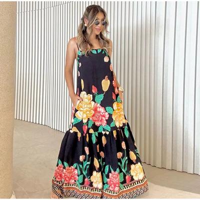 Vestido Longo Estampado de Flores de Férias Feminino Alça Sem Mangas Costas Abertas Linha A Solto Vestidos Verão 2025 Sexy Praia Versátil