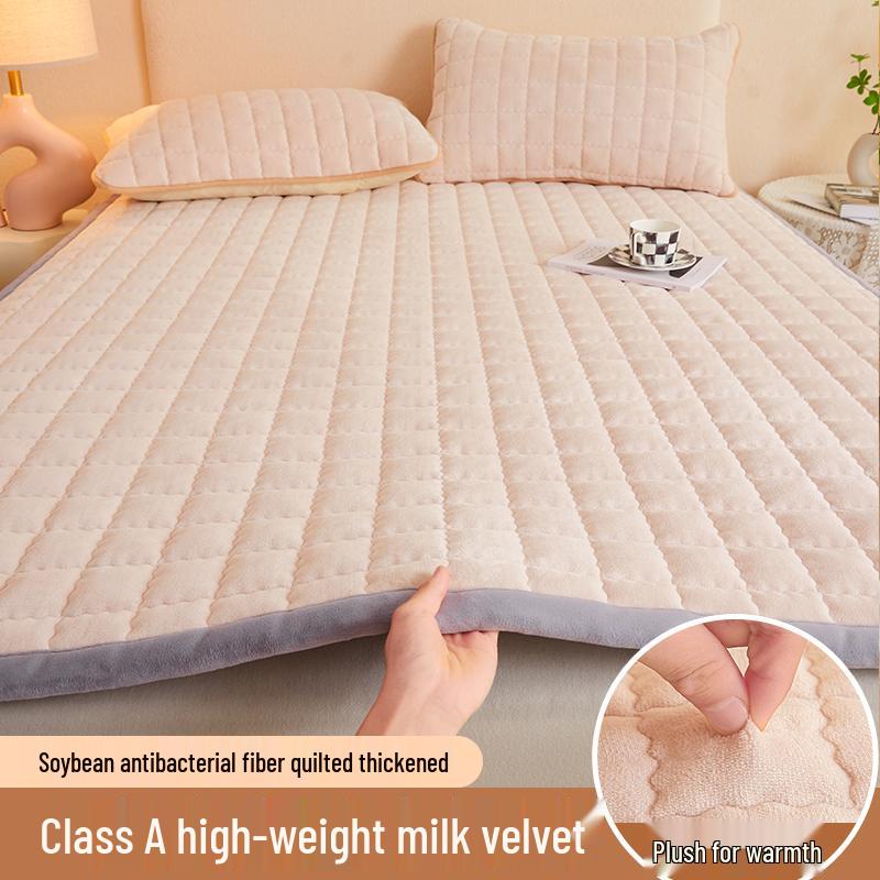 Soft Padded Winter Coral Fleece Mattress Pad with Plush Velvet Quilted Cover