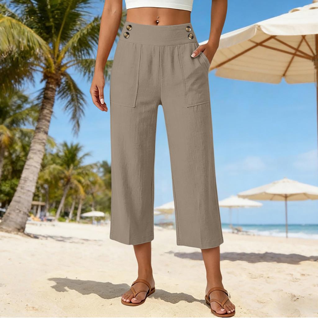 Women's Loose Fit Solid Color Straight Leg Elastic Waist Beach Capris Casual Pants with Button Detail and Side Pockets