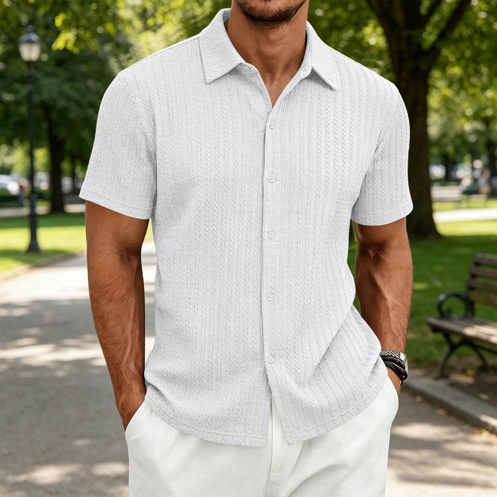 Men's Textured Knit Short Sleeve Shirt Casual Simple Button Down Polo Collar Shirt Summer Lightweight Breathable Fabric