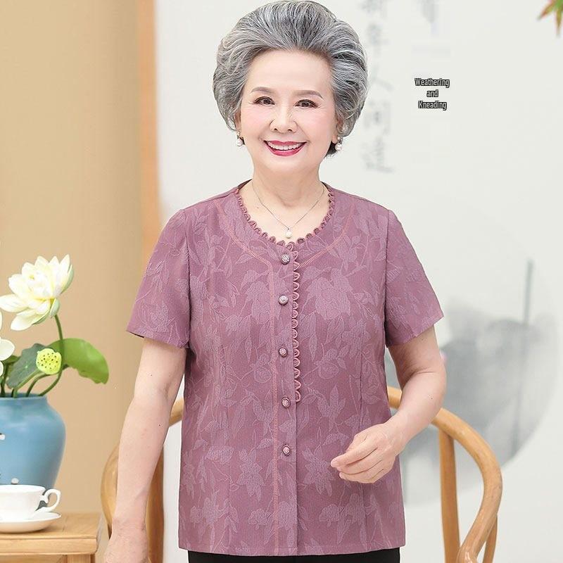 Summer Cotton Tops: Short-Sleeved, Loose-Fit Shirts for Middle-Aged and Elderly Women.