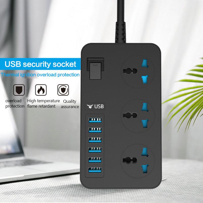 Multifunction Universal Power Strip 3 Socket 6 USB Charging Ports with 2M Cord EU/UK/US Plug