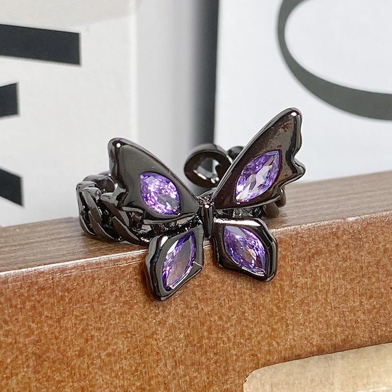 [Butterfly Purple Que] Dark Butterfly Purple Diamond Punk Personality Open Ring Spice Girls Stack Niche Design Rings