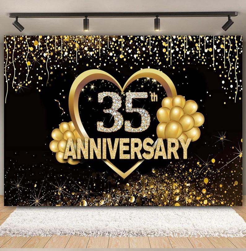 Happy Anniversary Backdrop Gold Balloon Glitter Love Heart Flower Birthday Party Bridal Shower Wedding Photography Background