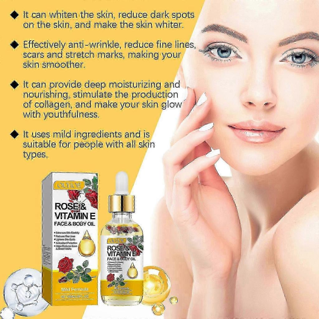 Rose & Vitamin E Oil for Face & Body, Hydrating, Anti-Wrinkles, Reduce Fine Lines & Spots, Natural Rose Essential Oil for Scars, Stretch Mark
