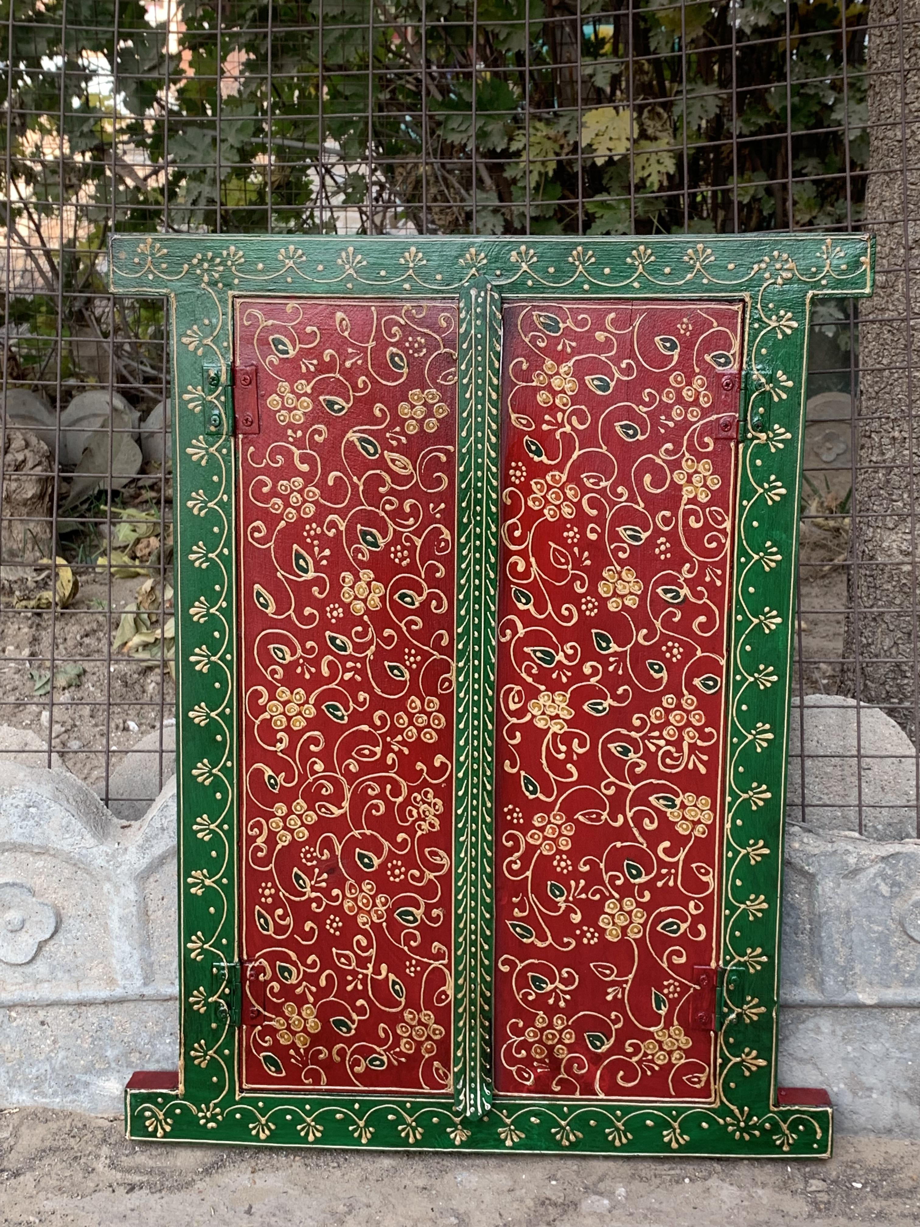 Decorative Indian Wooden Window Panel Hand Painted Wall Decor 23” X 18” X 1” (h x l x w) approx.