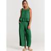 Women's Summer 2 Piece Outfits Sleeveless Pleated Ruffle Tank Top Wide Leg Cropped Pants Casual Loose Linen Matching Set with Pockets