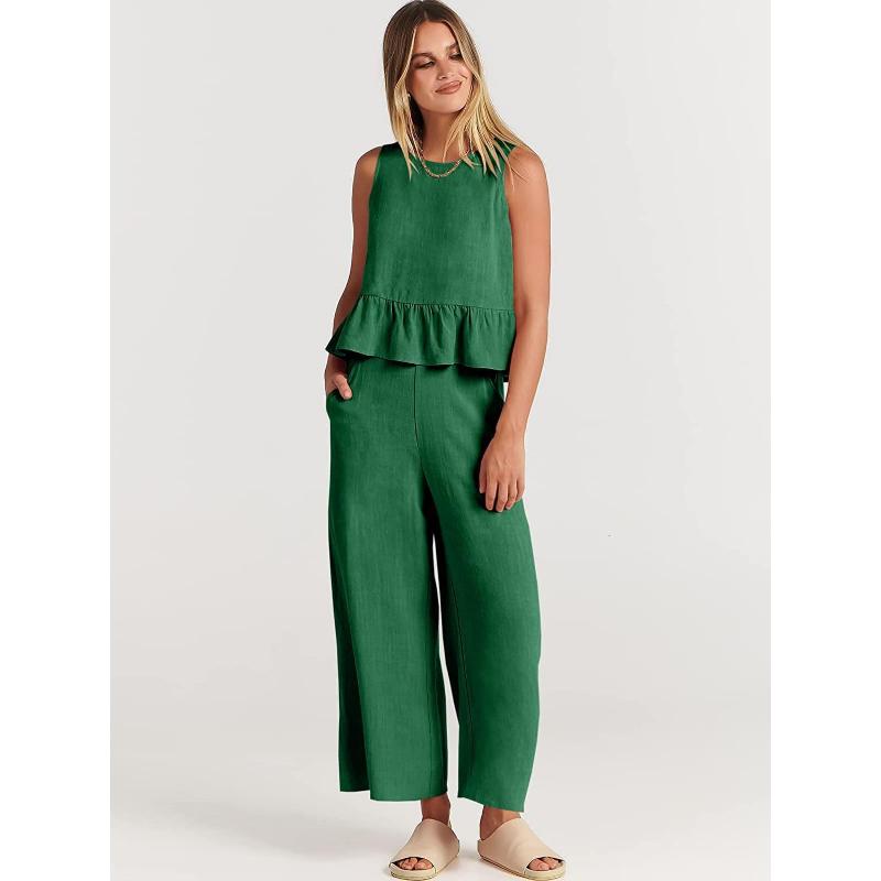 Women's Summer 2 Piece Outfits Sleeveless Pleated Ruffle Tank Top Wide Leg Cropped Pants Casual Loose Linen Matching Set with Pockets