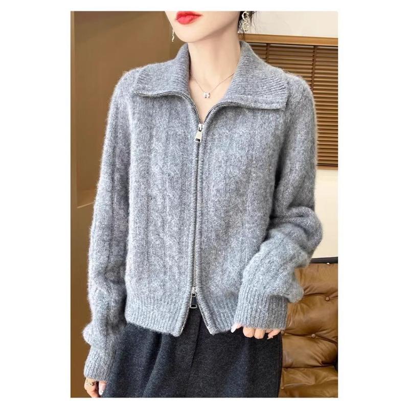 

Осенне-зимний короткий кардиган с лацканами на двойной молнии, с узором «скрученный цветок», для женщин, утолщенный вязаный жакет-топ M серый