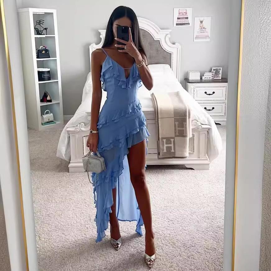 2023 Neues Sexy Unregelmäßige Farbe Spaghetti-Träger Abendkleid für Europa und Amerika