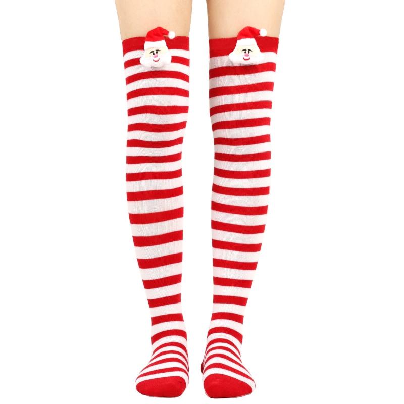 Women Cute Plush Santa Claus Striped Over Knee Long Socks Thigh High Stockings for Christmas Cosplay Costume Hosiery