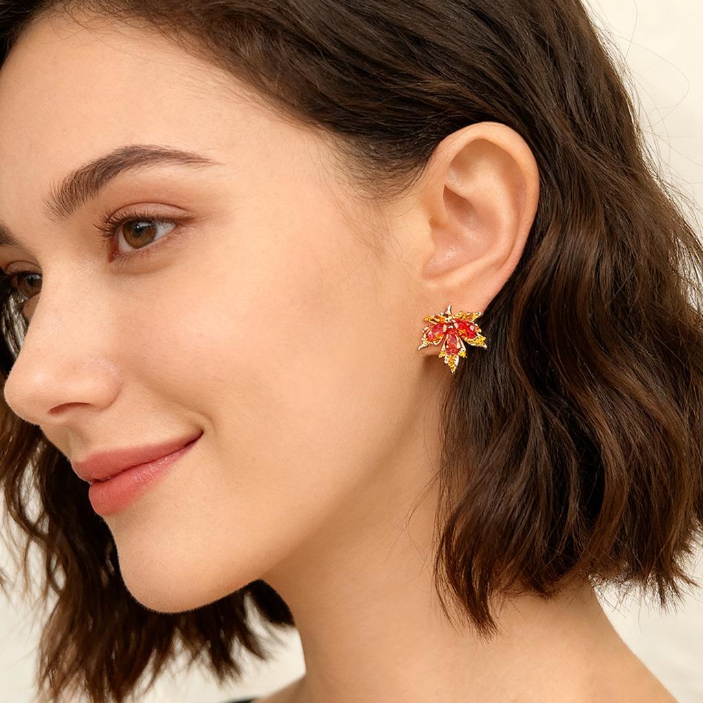 Elegant Red Maple Leaf Zircon Stud Earrings - Autumn/Winter Luxury