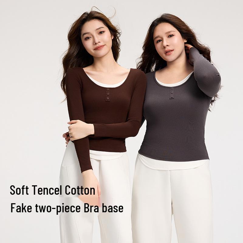 

Women s Spring/Summer Color Block Long Sleeve Two-in-One Slim T-Shirt XL (60-68 kg) колір темно кави