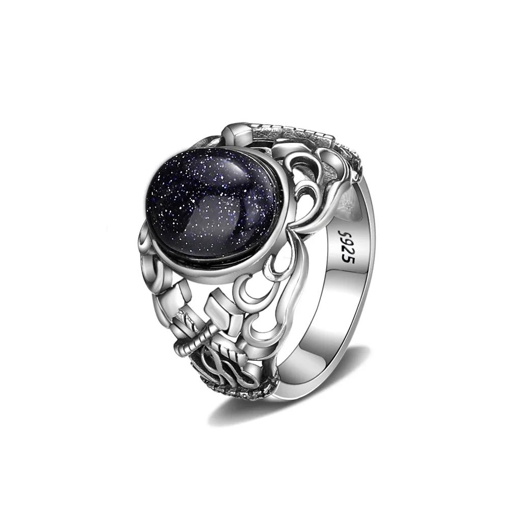 Natural 10*12MM Turquoise Blue Sandstone Ring S Silver Rings for Women Men Axe Hollow Design Wholesale