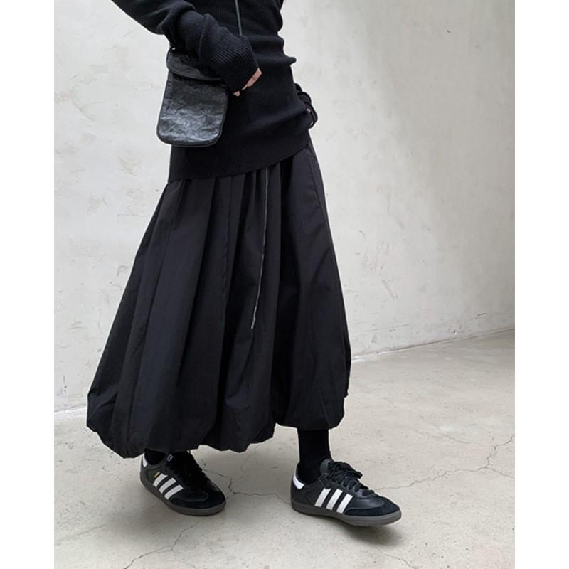Johnature Gonna Nera Larga a Bolle Casual Semplice da Donna con Vita Elastica Autunno Inverno