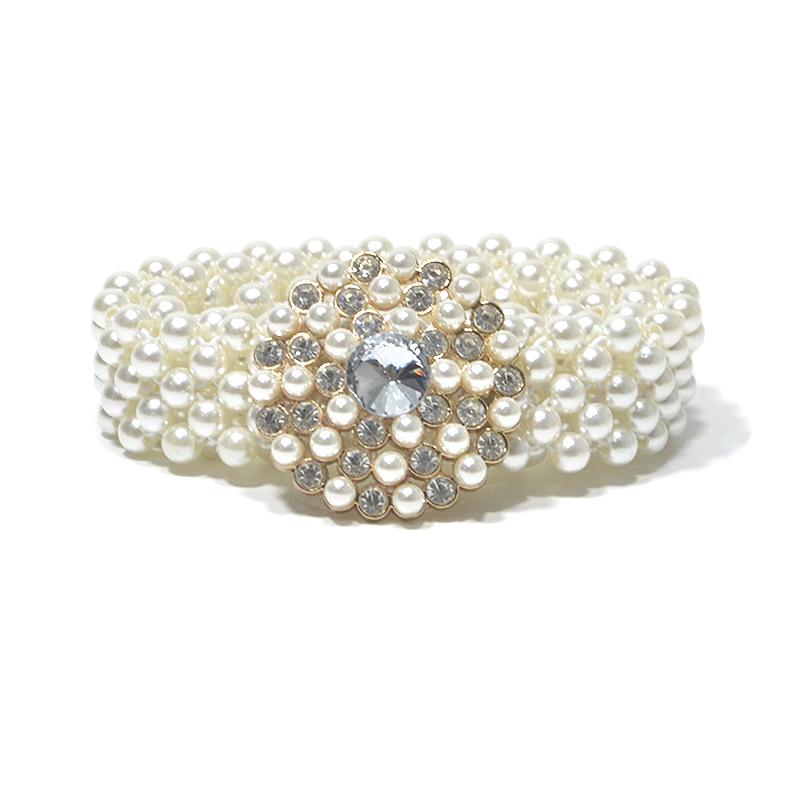 Cross-border women's belt - ladies' casual decorative rhinestone & pearl buckle slim waist belt