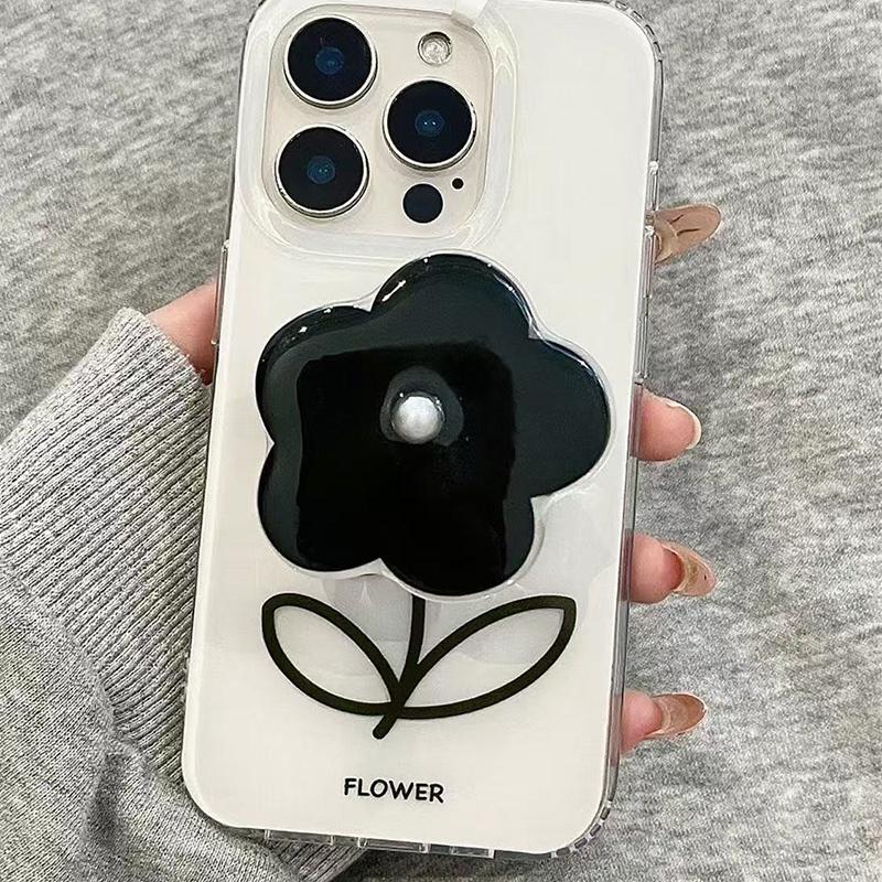 Black Peal Flower Grip Tok Holder Acrylic Hard Phone Case for Samsung Galaxy S26 20 Ultra S25 Plus S24 S23 S22 S21 S20 FE
