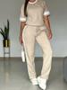 Womens Light Khaki Short Sleeve Top and Side Stripe Pants Casual Two Piece Set