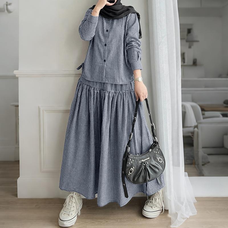 ZANZEA Women Long Sleeve Blouse and Long Skirts Plaid Print Two Piece Suit Sets