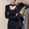 Plus Size Bodycon V-neck Dress with Long Sleeves, Fleece Lined, for Autumn/Winter.