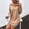Chic Autumn Winter Knitted Sweater Dress V Neck Full Sleeve Thick A-line Long Pullover Solid