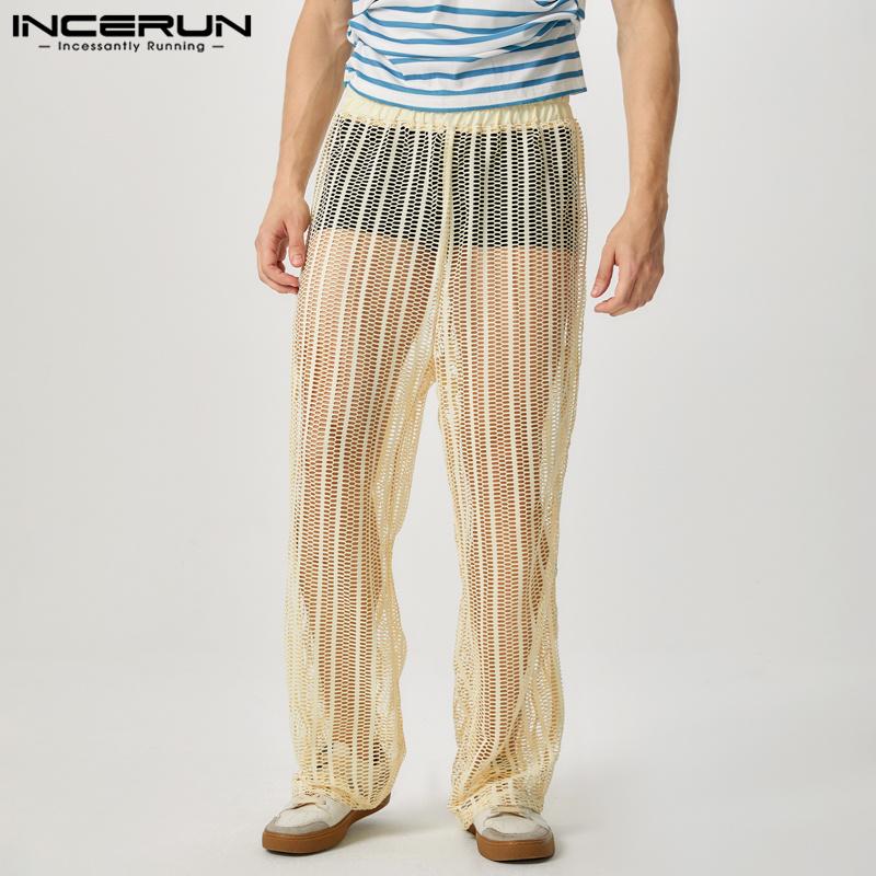 

INCERUN Men Fishnet See Through Long Pants Holiday Beach Mesh See Through Trousers XL