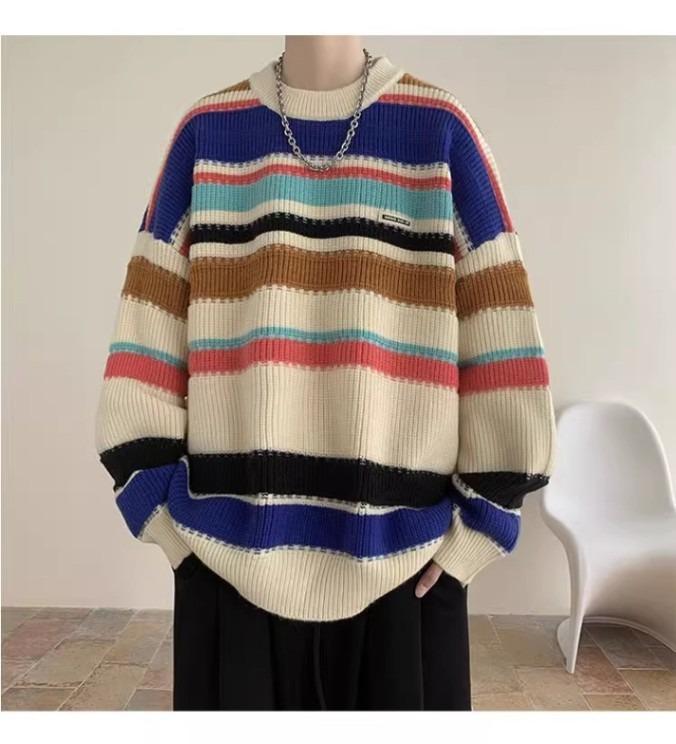 

Men s Black & White Striped Round Neck Sweater, Autumn/Winter Japanese Retro Style Loose Knitwear M