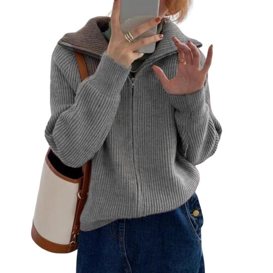 Женский свитер, пальто, однотонный, с лацканами, с длинным рукавом, с двойной молнией, вязаный узор темно-серого