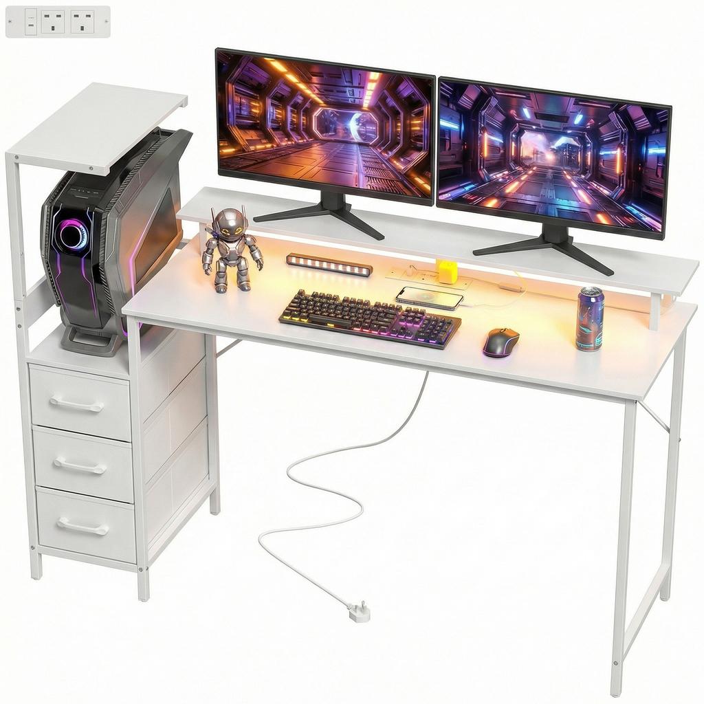 147cm Gaming Desk with Charging Station and Monitor Stand, Computer Table for Home Office with RGB Lights, White
