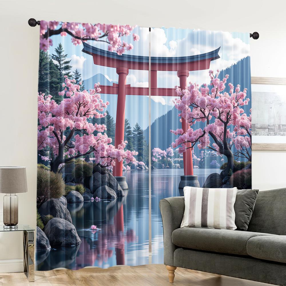 Flat Printing Party Window Curtains Sakura Torii Gate Japanese Art Polyester Birthday Aesthetic Room Blackout Set Of 2 Made