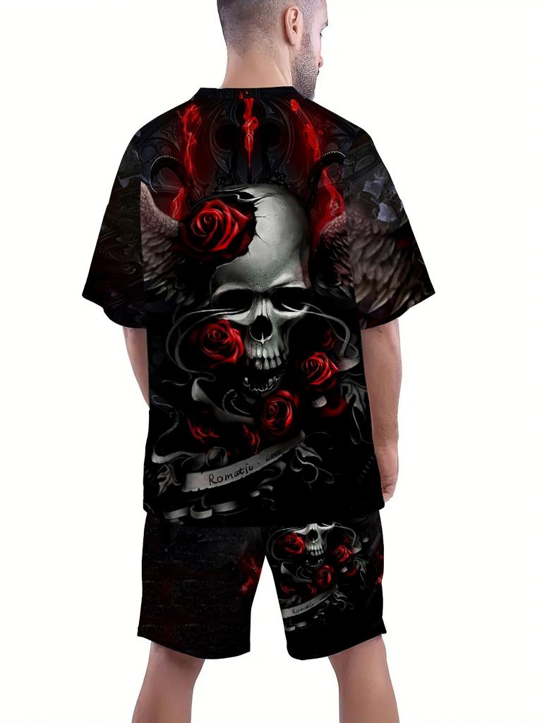 Dark Gothic Men's Set: Skull and Red Rose Print Short Sleeve Shirt and Shorts, Outdoor Street Cool Casual 2pcs Outfit