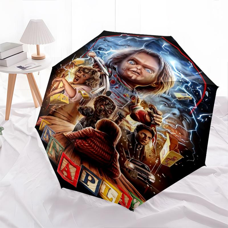 

1pc The Ultimate Horror Chucky Cartoon Umbrella, Portable 3-Fold Compact Umbrella, Suitable for Camping, Hiking and Travel, Ideal Easter Birthday Gift