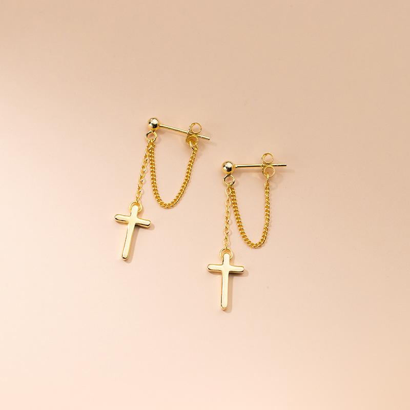 Beautiful Elegant Solid 925 Sterling Silver Cross Tassel Chain Stud Earrings for Women Jewelry