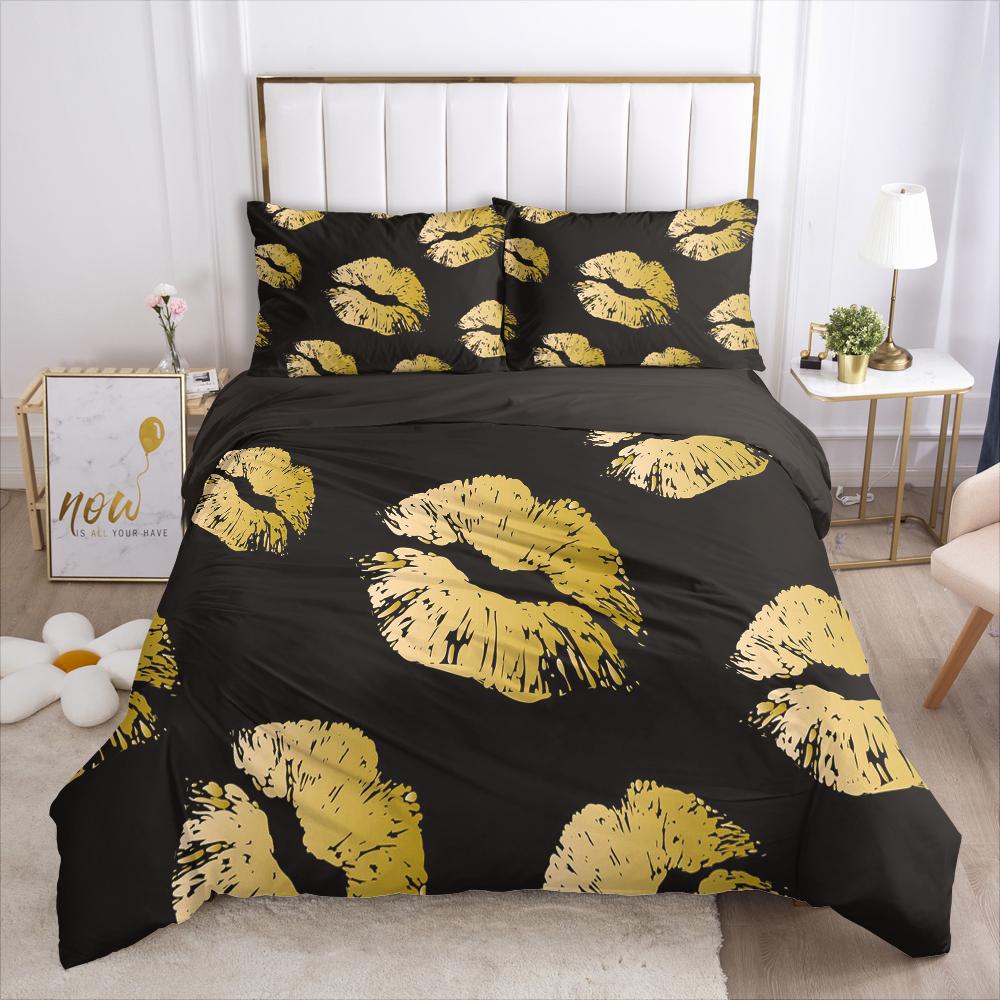 Röda Läppar Påslakanset Queen Polyester Kärlek Twin Sängkläder Sexigt Tema Vuxen Par Täcke Örngott 3D Kyssmärken Quiltöverdrag