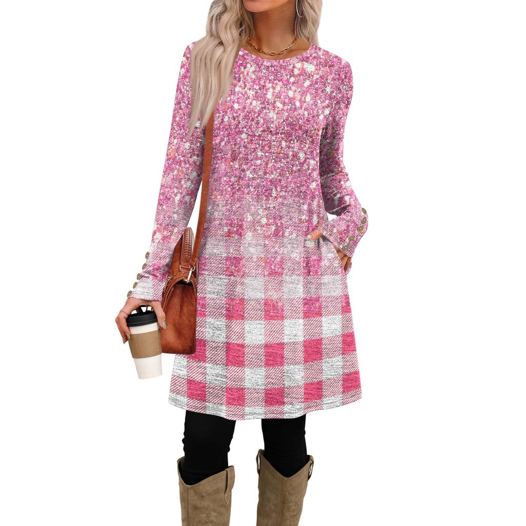 Women's Fashion Casual Dress With Pockets, Decorative Buttons, Round Neck And Long Sleeves