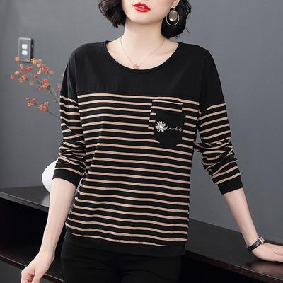 Herfst Middenleeftijd Mama Lange Mouwen T-shirt Dames Ronde Hals Gestreept Los Casual Basislaag Top
