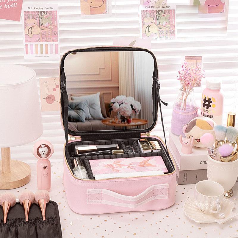 PU Leather Waterproof Multifunctional Cosmetic Storage Case With Mirror Lipstick Jewelry Make-Up Brush Organize Deposit Box
