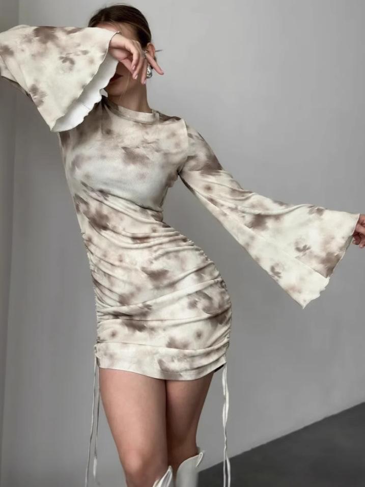 

Women s Long Sleeved Dress, Short Skirt, Drawstring Pleated Skirt, Hip Hugging Skirt XS бежевий